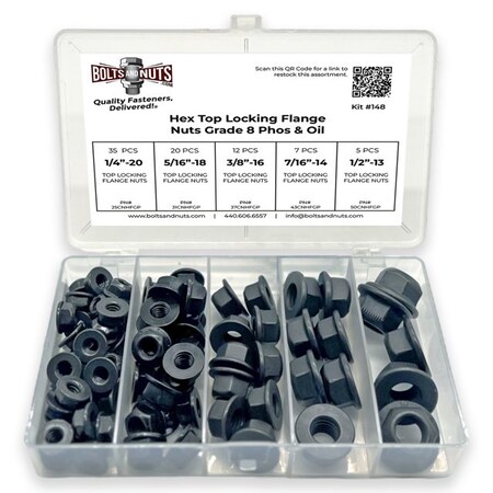 Boltsandnuts.Com Grade 8 Hex Top Locking Flange Nuts Phos & Oil - 80 PCS Assortment Kit #148